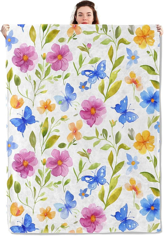 Spring Floral and Butterfly Blanket Lightweight Blankets Gifts for Women Flannel Throw with Pink, Blue and Yellow on White Background Printed for Sofa, Bed, Office, Decor Throws 60x50 Inch