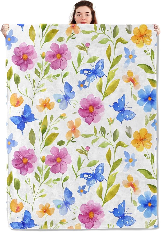 Spring Floral and Butterfly Blanket Lightweight Blankets Gifts for Women Flannel Throw with Pink, Blue and Yellow on White Background Printed for Sofa, Bed, Office, Decor Throws 80x60 Inch