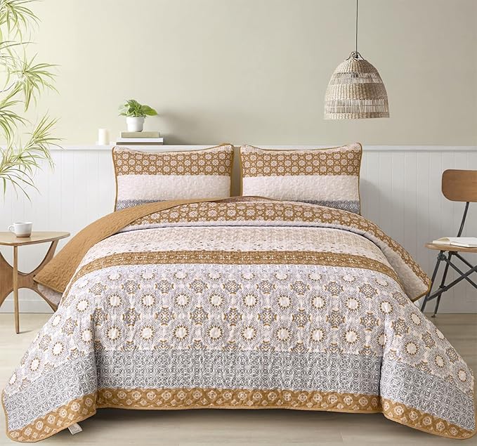WONGS BEDDING Boho Quilt Set Queen, Brown Bohemian Striped Patchwork Bedspread Coverlet Set with 2 Pillowcases,Lightweight Microfiber Floral Bedding Set 96"×90"