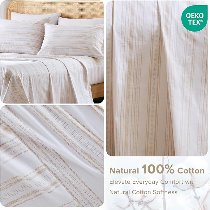 Comfort Spaces 100% Cotton Sheets King, Breathable, Naturally Cool Cotton Sheets, Cotton Bed Sheets with 14" Elastic Pocket Fits up to 16" Mattress, All Seasons Sheet Set, Good Vibes Taupe 4 Piece