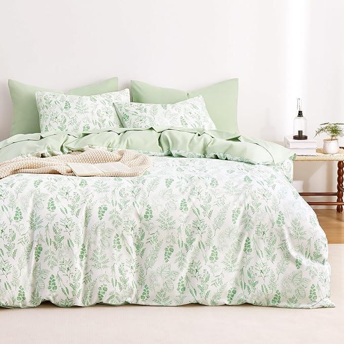Wake In Cloud - Floral Duvet Cover Set, Botanical Vintage Flower Coquette Cottagecore Aesthetic for Women Teen Girls, Soft Lightweight Bedding, 3-Piece, Light Green, Twin/Twin XL Size