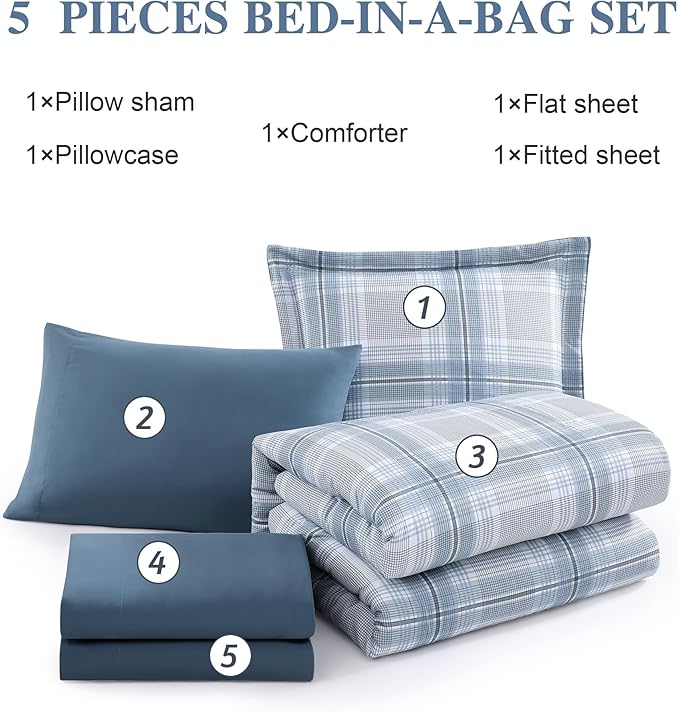 Twin XL Comforter Set, Light Blue Plaid Bedding Set 5 Piece for Boys Girls Teen, Classic Homestead-Style Kids Comforter Set Bed in A Bag with Sheets, Pillowcase & Sham