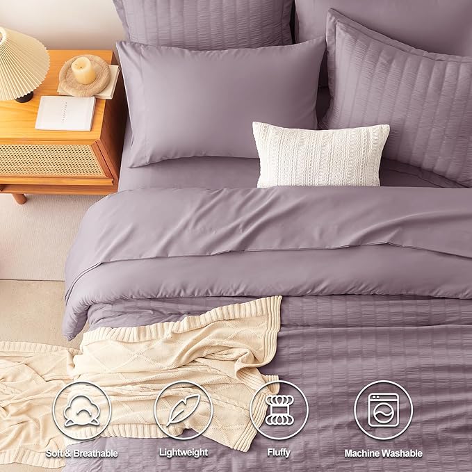 CozyLux Oversized Queen Comforter Set Dusty Purple Seersucker 7 Pieces 98x98 Bed in a Bag Comforter Set with Sheets, Luxury Bedding Sets with Down Alternative Comforter, Sheets, Pillowcases & Shams