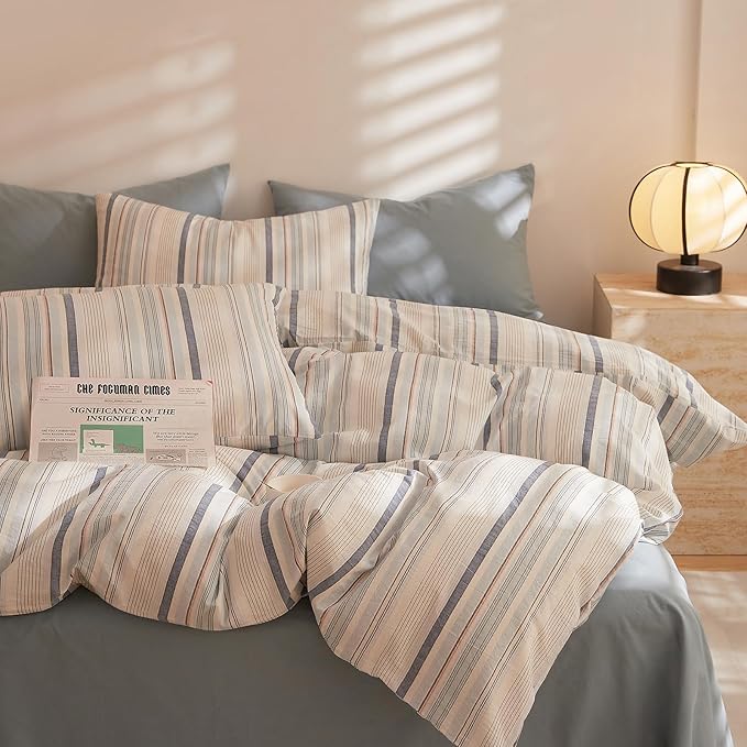 Striped Duvet Cover Set Twin, 3 Pieces Blue White Stripes Pattern Printed Comforter Cover, 100% Washed Cotton Striped Bedding Set, Soft Breathable Twin Duvet Cover with Zipper Closure & Corner Ties