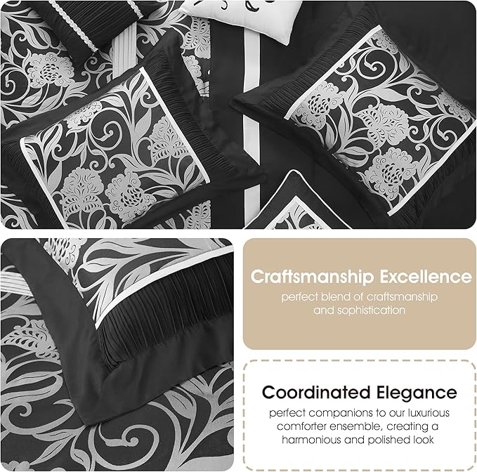 Grand Avenue Black Sliver Comforter Set King Size, 7 Piece Jacquard Floral Bedding Set, All Season, Ultra-Soft, Matching Pillows & Shams, Bed Skirt