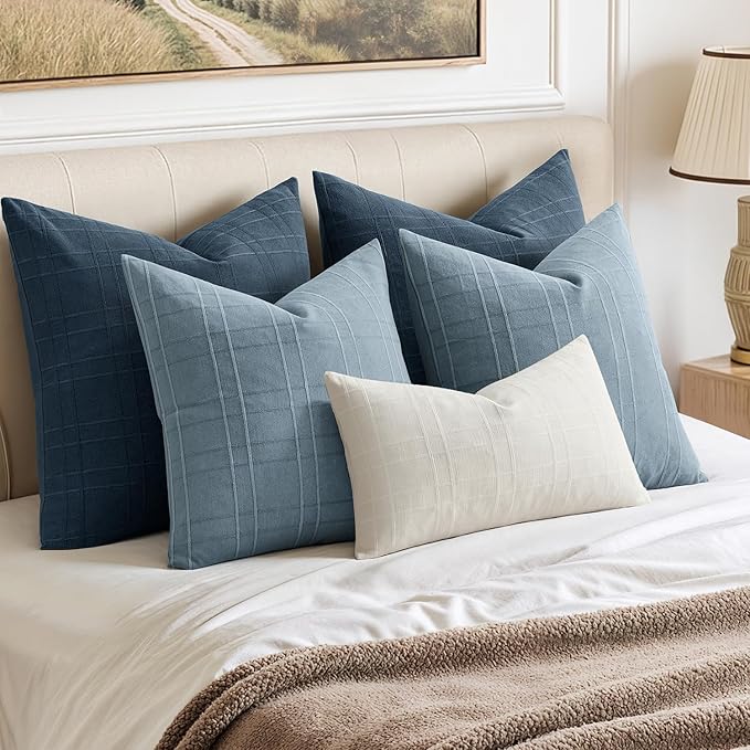 MIULEE Decorative Linen Check Euro Shams Throw Pillow Covers Neutral Farmhouse Vintage Pillow Covers 22x22 Set of 2 Boho Modern Home Decor for Sofa Couch Bedroom Cushion Deep Blue