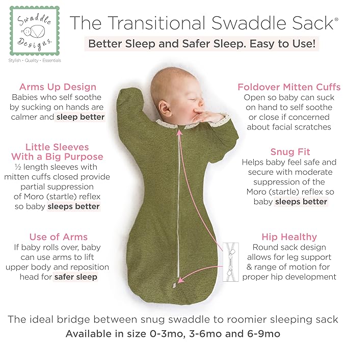 SwaddleDesigns Transitional Swaddle Sack, Arms Up Half-Length Sleeves & Mitten Cuffs, Swaddle for Newborn Transition to Baby Sleep Sack Wearable Blanket, 6-9 Month, 21-24 lb, Heathered Green Turtle