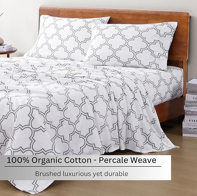LANE LINEN 100% Organic Cotton Printed Sheets Queen Size Bed Set, Fade Resistant Fully Elasticized Reinforsed Seam in Fitted Sheets Pocket, Avaialbe in Variety of Prints- Trellis Silver