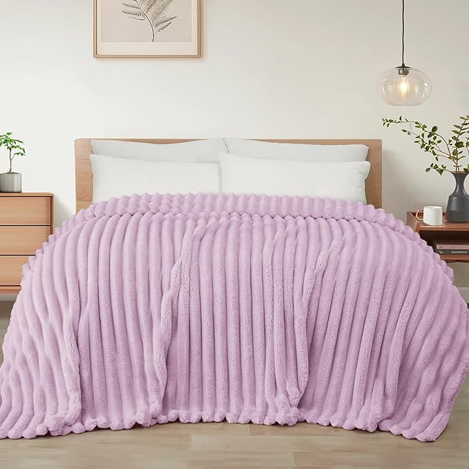 Exclusivo Mezcla King Size Flannel Fleece Blanket, Super Soft Striped Jacquard Bed Blanket, Lightweight Fuzzy Cozy for All Seasons, 90x104 Inches, Lilac Purple