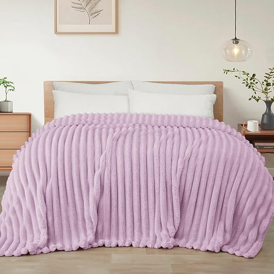 Exclusivo Mezcla King Size Flannel Fleece Blanket, Super Soft Striped Jacquard Bed Blanket, Lightweight Fuzzy Cozy for All Seasons, 90x104 Inches, Lilac Purple