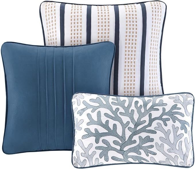 Madison Park Quilt Set Cottage Coastal Design, Starfish Print - All Season, Coverlet Bedspread Lightweight Bedding Layer, Shams, Toss Pillows, Full/Queen(90"x90"), Bayside Blue/Ivory 6 Piece