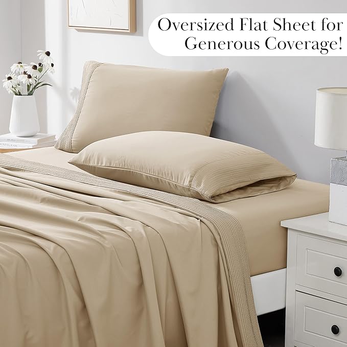 Southshore Fine Living, Inc. Pleated, 3-Piece Twin XL Sheet Set, 21-Inch Deep Pocket Sheets Twin XL Size Bed Set, 1 Fitted Sheet, 1 Oversized Flat, 1 Standard Pillow Case, Beige Sheets, Soft Sand