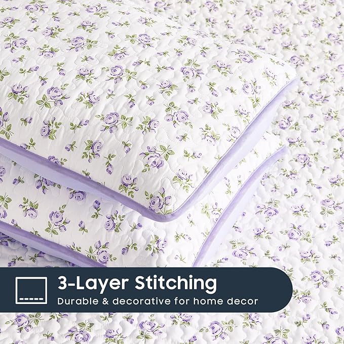 Wake In Cloud - Floral Quilt Set, Coquette Cottagecore Shabby Chic Flower Pattern for Women Teen Girls, Reversible Lightweight Bedspread Coverlet, 3 Pieces, White Purple, Twin/Twin XL Size