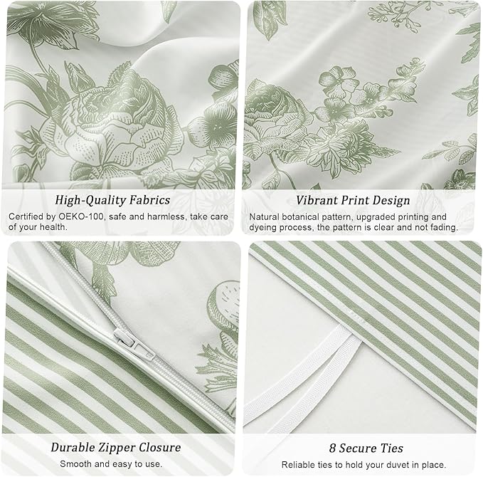 PHF Ultra Soft Floral Duvet Cover King Size, Printed Bedding Set 3 Pieces, Comfy Farmhouse Pattern Duvet Cover Set with 2 Pillow Shams, Zipper Closure and 8 Ties, 104"x90", Flower-Green