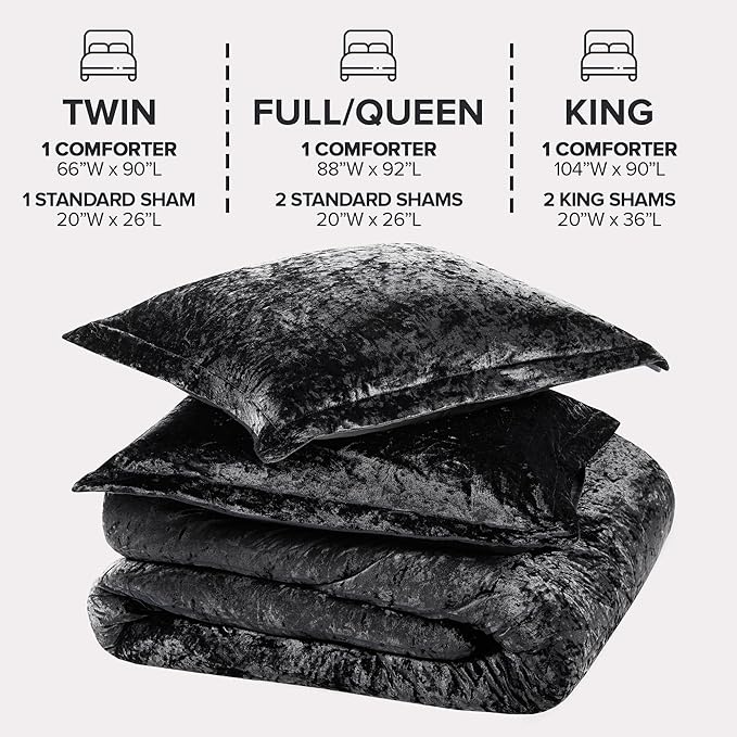 Comfort Spaces Juliette Luxe Comforter Set Velvet Lush with Soft Brushed Microfiber Reverse, All Season Cozy Velvet Bedding Sets, Fluffy Comforter Bed Set, Matching Sham, Black King 3 Piece