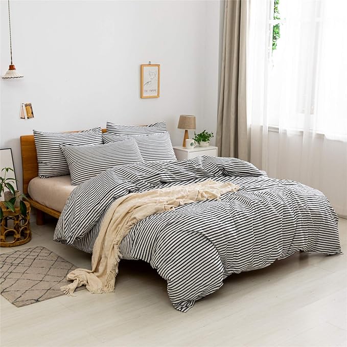JELLYMONI 100% Natural Cotton 3pcs Striped Duvet Cover Sets,White Duvet Cover with Black Stripes Pattern Printed Comforter Cover,with Zipper Closure & Corner Ties(King Size)