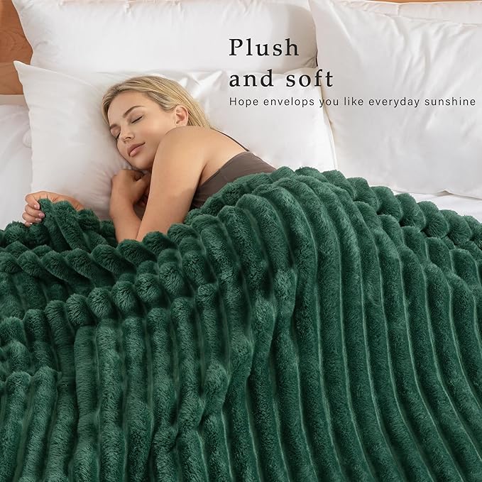 Exclusivo Mezcla Twin Size Flannel Fleece Blanket, Super Soft Striped Jacquard Bed Blanket, Lightweight Fuzzy Cozy for All Seasons, 60x80 Inches, Forest Green