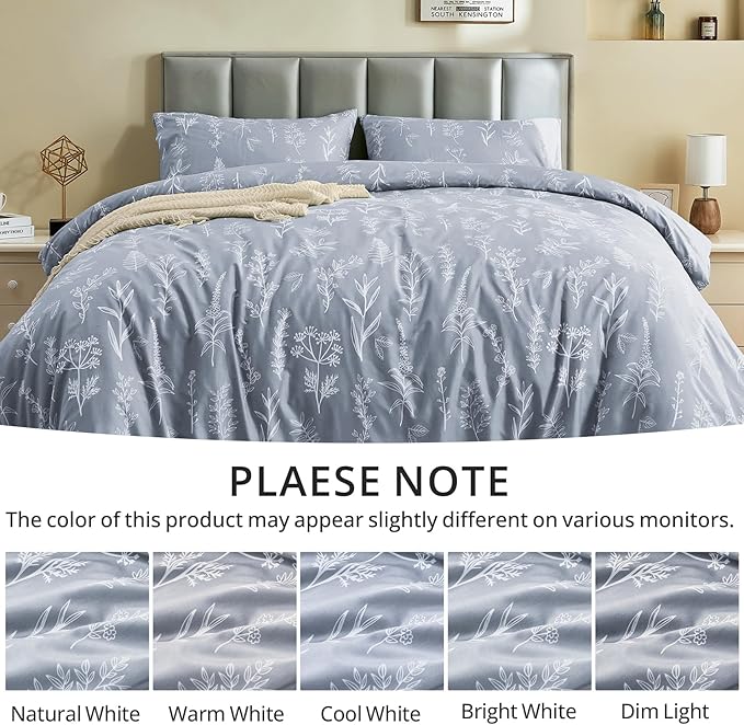 MUXHOMO Duvet Cover Full Size, Reversible Floral Grey Duvet Cover Set with Zipper Closure, 3 Pieces Botanical Patterns Soft Microfiber Bedding Set with 4 Ties (80"x90", 2 Pillow Cases)