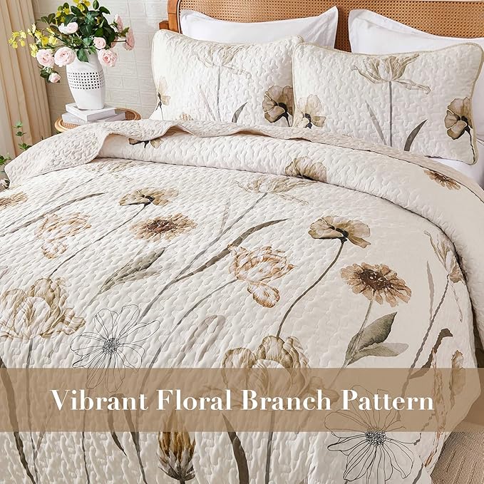 WONGS BEDDING Quilt Set King,Cute Floral Bedspread Coverlet Set,3 Pieces Brown Quilts Bed Cover,Lightweight Quilts Summer Flower Bedding Set for All Season(104"x90")
