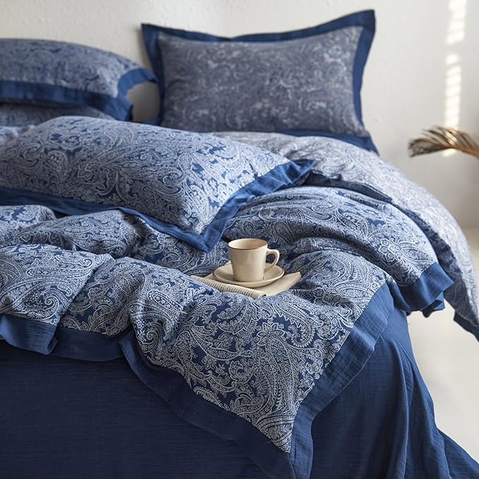 mixinni Muslin Cotton Vintage Navy Blue Paisley Floral Duvet Cover Queen Size 3pcs Yarn Dyed Burgundy Jacquard Weave Bedding Comforter Cover Soft Breathable Bedding Sets for All Season-Queen Size