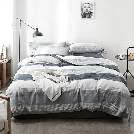 LifeTB Full Comforter Set Blue Grey Striped Bedding Comforter Set Lightweight Soft All Seasons Bedding Sets Fluffy Down Alternative Comforter 3 Pieces Bed Set 1 Striped Comforter with 2 Pillow Shams