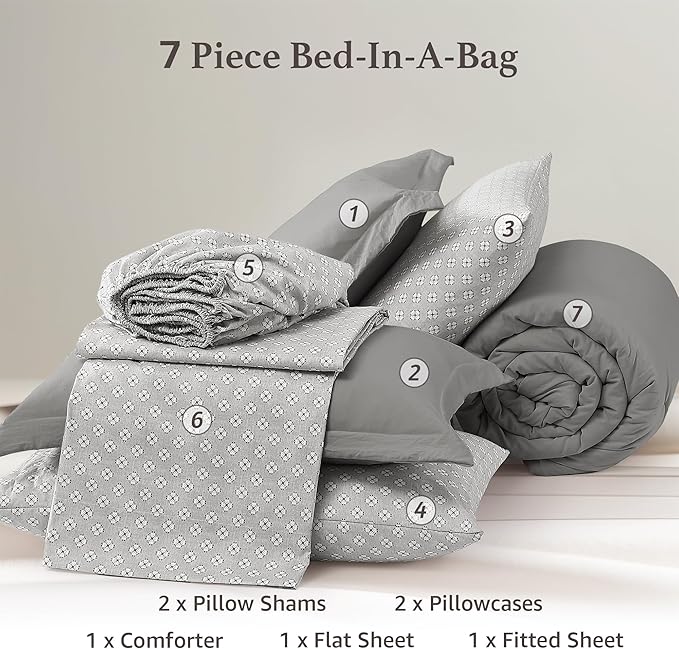 Monbix King Size Comforter Set - 7 Pieces Granite Grey Prewashed Bed in a Bag King Bedding Sets with Comforters, All Seasons Ultra Soft Comforter Bed Set with Sheets,Pillowcases & Shams