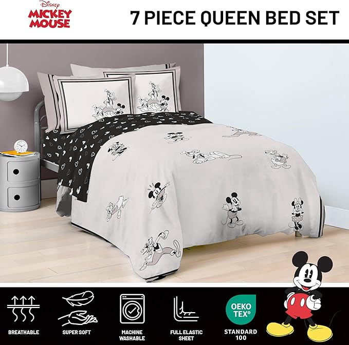 Jay Franco Kids Comforter Set Includes Sheets and Pillow Covers - Soft and Cozy Bed Set for Stylish Room Decor, Official Licensed Bedding, Beige - Mickey and Friends, 7 Piece Queen
