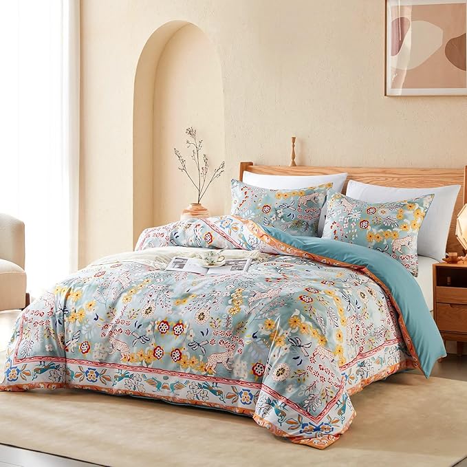 Cupocupa Duvet Cover Full Size Set Boho Floral Pattern Full Christmas Duvet Cover Set for Full Size Bed Vintage Soft Bedding Leaf Print Duvet Cover with Pillowcases