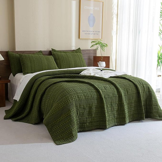 Sanracie Cotton Waffle Weave Quilt Set King Size(110"x98")-Olive Green Quilted Bedspread Sets,3Pcs Soft Boho King Quilt Bedding Set, Farmhouse Shabby Vintage Chic Bedding Quilt