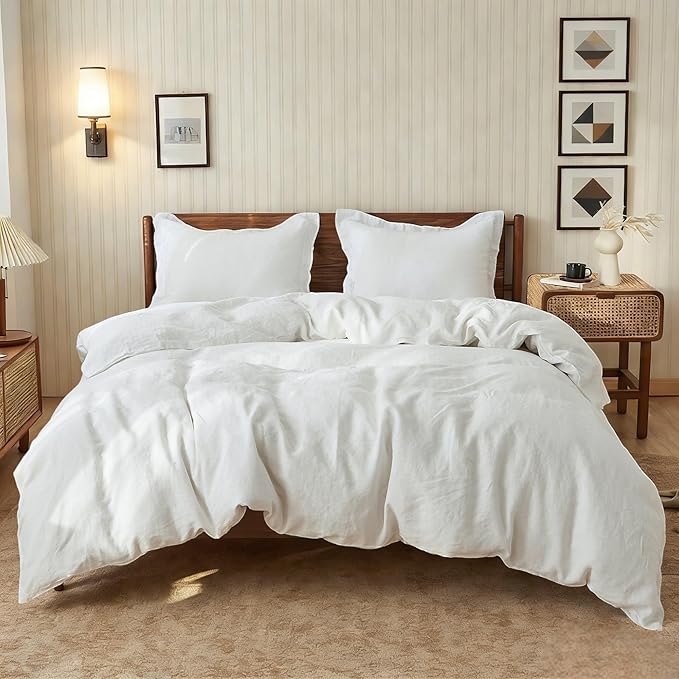 Simple&Opulence 100% Linen Duvet Cover Set, 3 PCS Natural French Flax White Duvet Cover Full Size, Breathable Soft Comfy Linen Bedding Comforter Cover with 2 Pillowcases(White, 78"x86")