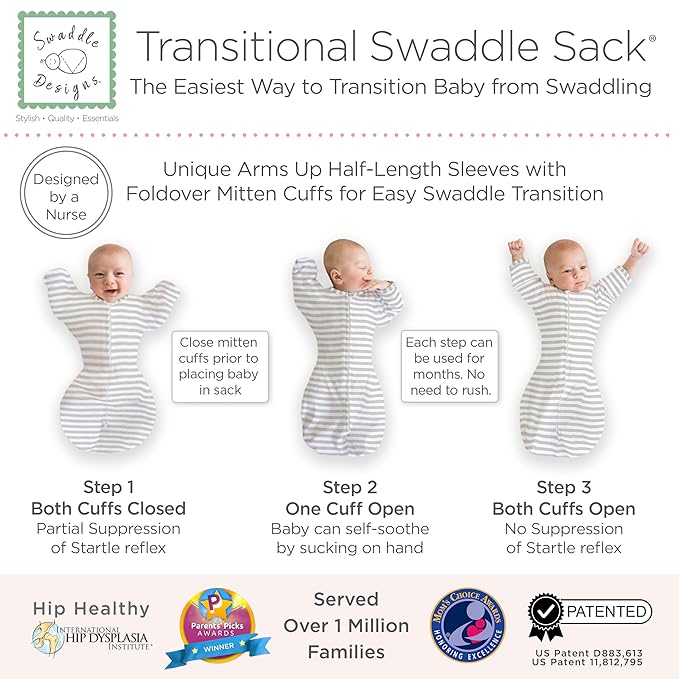 SwaddleDesigns Transitional Swaddle Sack, Arms Up Half-Length Sleeves & Mitten Cuffs, Swaddle for Newborn Transition to Baby Sleep Sack Wearable Blanket, 6-9 Month, 21-24 lb, Heathered Gray Stripes