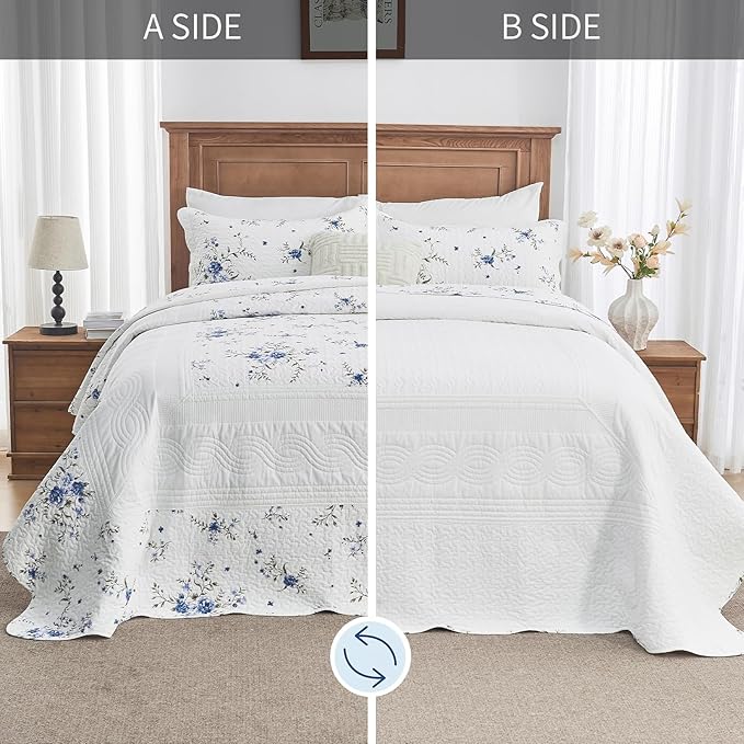 Floral Bedspreads Queen Size Extra Large, 120x102 Oversized Quilt Bedspread Coverlet, 100% Cotton Blue and White Bedding Set with Shams, Lightweight Soft Quilted Thin Comforter, 3 Piece