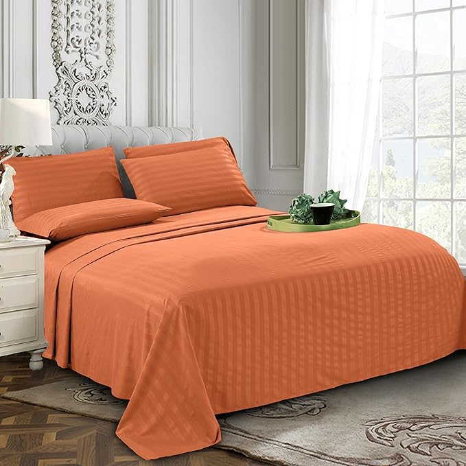 Elegant Comfort Softest and Coziest 6-Piece Sheet Set - 1500 Premium Hotel Quality Microfiber - Deep Pocket, Wrinkle Resistant 6-Piece Damask Stripe Bed Sheet Set, Queen, Coral