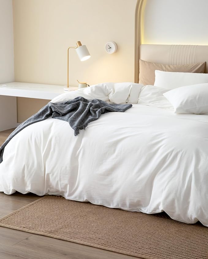 JIYUAN 100% Washed Cotton Duvet Cover Set 3 Pieces King, 1 Duvet Cover 104x90 Inches(Comforter Not Included) and 2 Pillowcases,Linen Feel Bedding Set Comfy and Breathable,Bright White