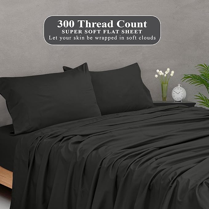 Royale Linens 300 Thread Count 100% Long Staple Combed Cotton Flat Sheet - Super Soft - Top Sheets - Queen Flat Sheet Sold Separately - Breathable, Cool & Crisp Percale Sheets Only (Queen, Black)