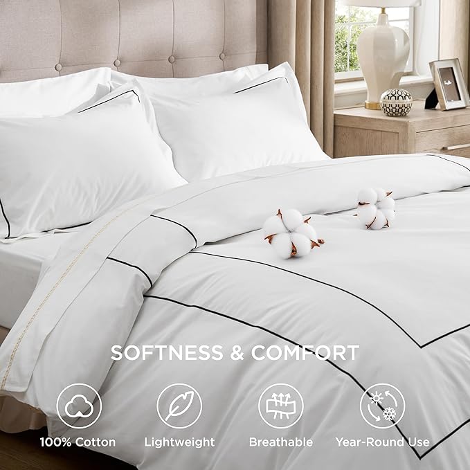 Bedsure Luxury Hotel Duvet Cover Queen Size, 100% White Cotton Embroidery Bedding Set, Includes 1 Duvet Cover 90x90 Inches with Zipper Closure & 2 Pillow Shams, Comforter Sold Separately