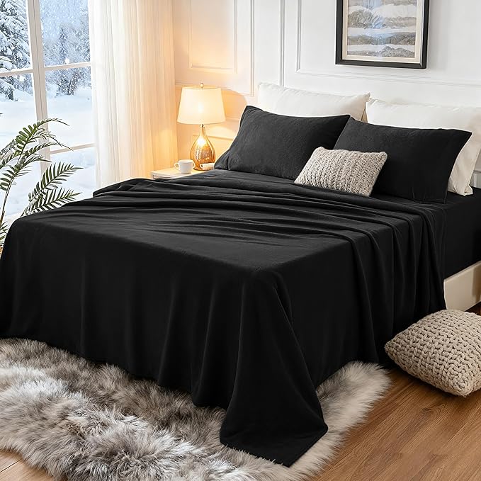 Love's cabin Fleece Full Sheet Set - 4 Pcs Black Super Soft Plush Polar Fleece Bed Sheets Set with 16" Deep Pocket,Cozy Warmth for Cold Season(1 Flat Sheet,1 Fitted Sheet,2 Pillow Cases)