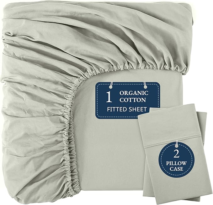 LANE LINEN Twin XL Fitted Sheet, 100% Organic Cotton 2-Piece Set (1 Fitted Sheet, 1 Pillowcase), Percale Weave, Bottom Sheet, Soft, Breathable, Fits Mattress Upto 15" Deep - Mineral (No Flat Sheet)