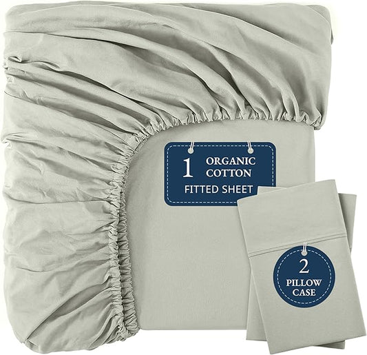LANE LINEN 100% Organic Cotton Fitted Bed Sheets Queen Size (+Pillowcases) Soft & Comfy Percale Weave Fully Elasticized Low Pilling Fade Resistant Deep Pocket Fits Mattress Upto 15" - Mineral