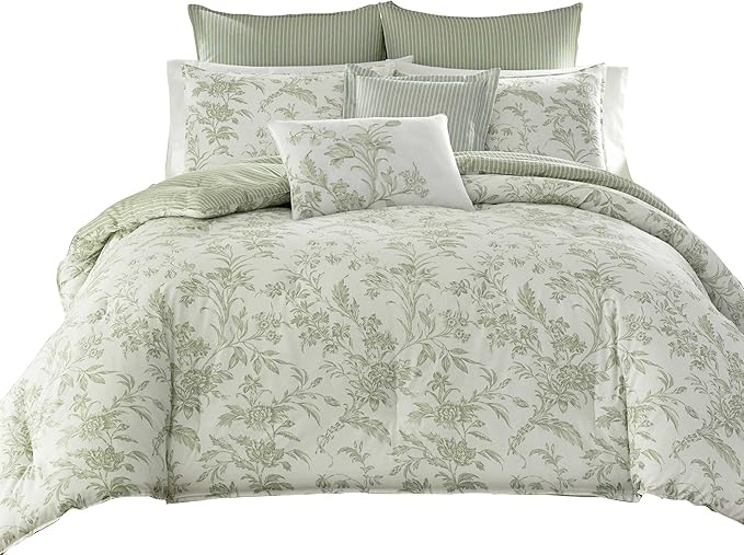 Laura Ashley - Queen Comforter Set, Reversible Cotton Bedding, Includes Matching Shams with Bonus Euro Shams & Throw Pillows (Natalie Sage/Off White, Queen)