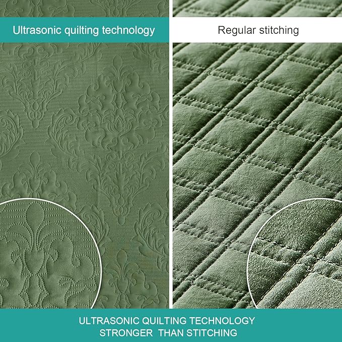 Hansleep Olive Green Quilt Twin Size - Damask Ultrasonic All Season Bedspread Twin, Soft Lightweight Coverlet Bedding Set, 2 Piece (1 Quilt, 1 Pillow Shams)