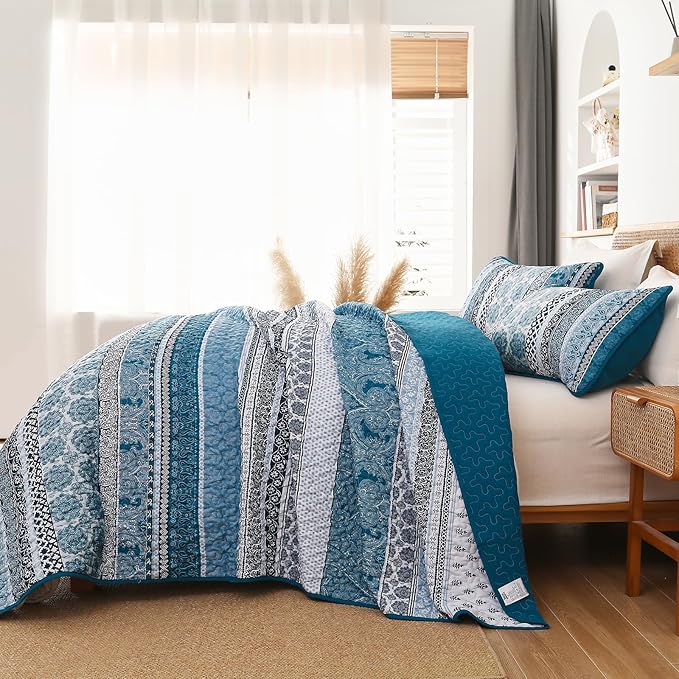 WONGS BEDDING Boho Quilt Set Queen Size, Teal Blue Bohemian 3 Pieces Quilt Sets, Lightweight Bedspread Coverlet Bedding Set for All Season (96"x90")