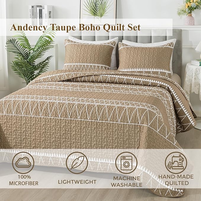 Andency Taupe California King Quilt Set, 3 Pieces Boho Lightweight Soft Striped Cal King Bedspread for All Season (112"x104"), Printed Bohemian Microfiber Reversible Coverlet Comforter Sets