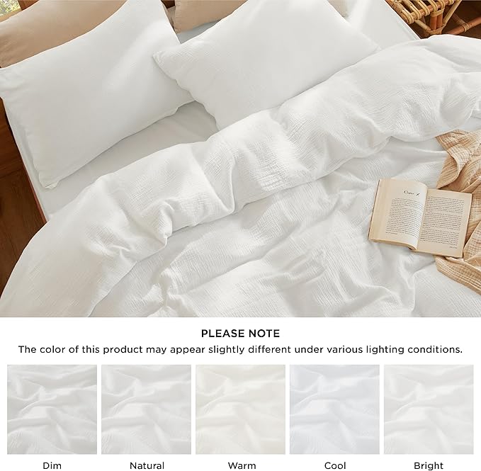 Bedsure 100% Muslin Cotton Duvet Cover Queen Size - Ultra-Soft, Breathable & Lightweight - Linen Like Gauze Comforter Cover Set with Button Closure and Corner Ties (White, Queen, 90"x90")