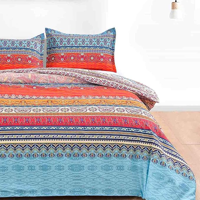 Nanko King Duvet Cover Set Boho Colorful Retro Striped Print 3pc 104 x 90 Luxury Soft Microfiber Down Comforter Quilt Bedding Cover with Zipper Ties - Bohemian Exotic Style for Men and Women Red Blue