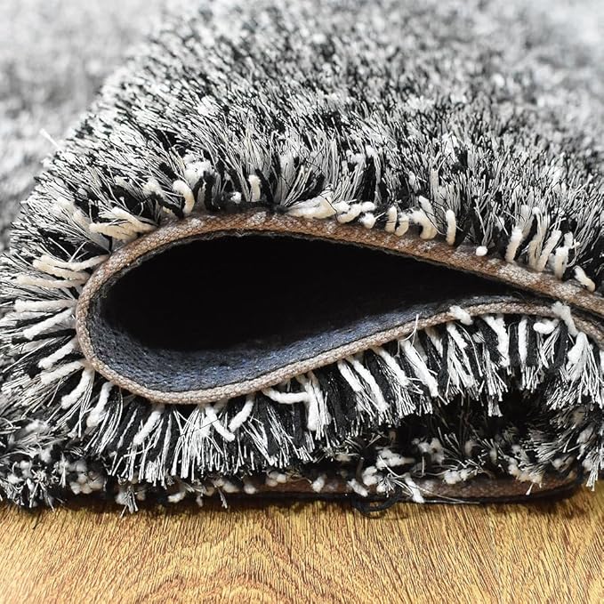 Hand Tufted SHAG Polyester ECO-Friendly Area Rugs - 5'x8', Rectangle, Black White, Solid Plain Design, High Pile Thick Handmade Anti Skid Rugs for Living Room, Bed Room K00111