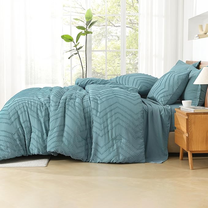 Litanika Grayish Teal Full Size Comforter Set with Sheets - 7 Pieces Bed in a Bag Full Boho Tufted Complete Bedding Sets with Comforter, Sheets, Pillowcases & Shams