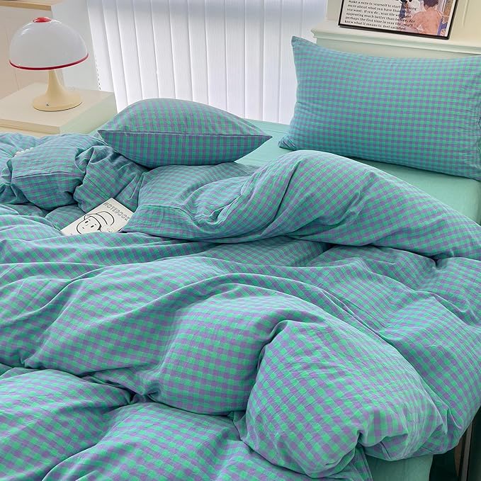 LifeTB Twin XL Comforter Set Green Gingham Bedding Comforter with 2 Pillowcases Geometric Checkered Plaid Comforter Set for All Season Green Purple Grid Printed Fluffy Soft Lightweight Bedding Set