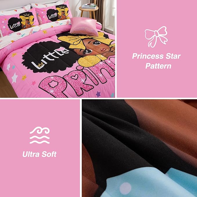 A Nice Night Black Girl Little Princess Comforter Set, Pink 6Pcs Bed in A Bag Queen Size Sparkling Stars Bedding Set,for Kids, Girls