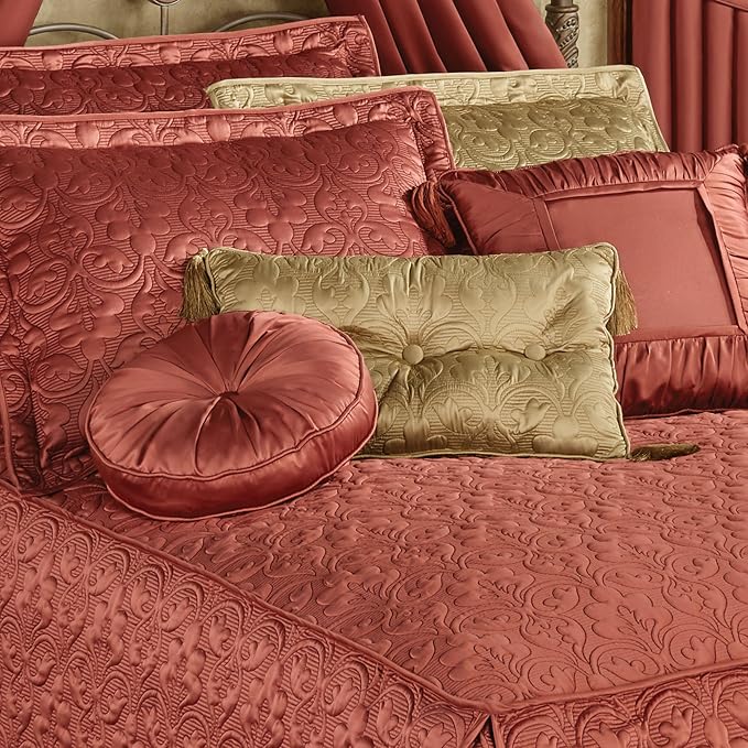 Cambridge Classic Luxury Bedding | Warm Cinnabar Solid Color Polyester Satin | Elaborate Damask Quilting | 6 Pc Set Includes Oversized California King Bedspread, 2 King Shams, & 3 Decorative Pillows